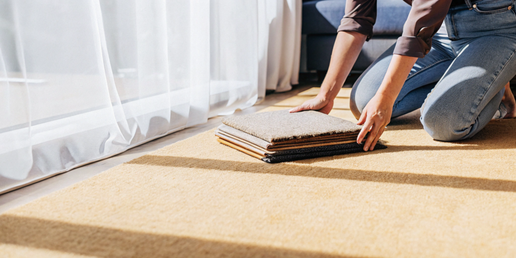 A homeowner compares carpet samples for a replacement project.