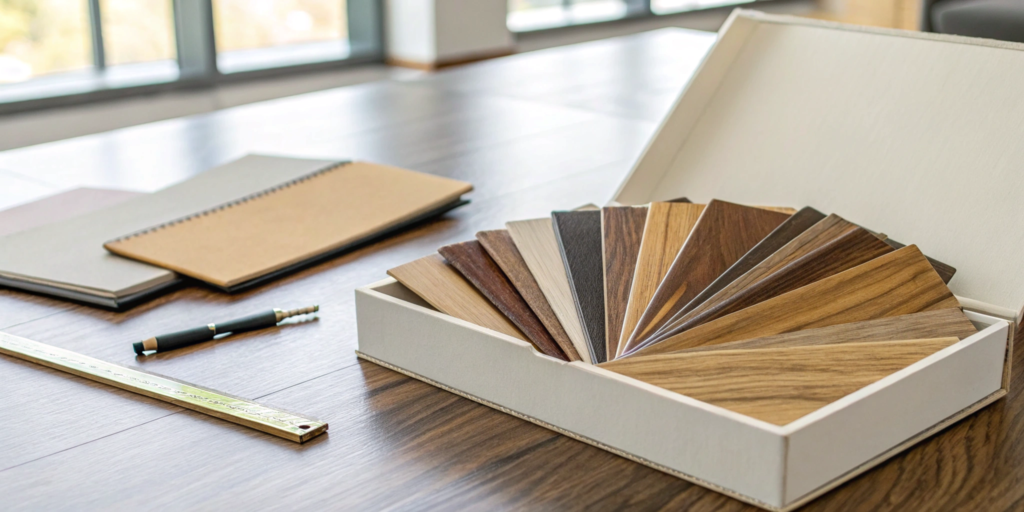 Comparing wood-style samples to determine the cost of laminate flooring.
