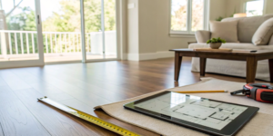 A tablet with a flooring calculator app, a tape measure, and a pencil for measuring square feet.