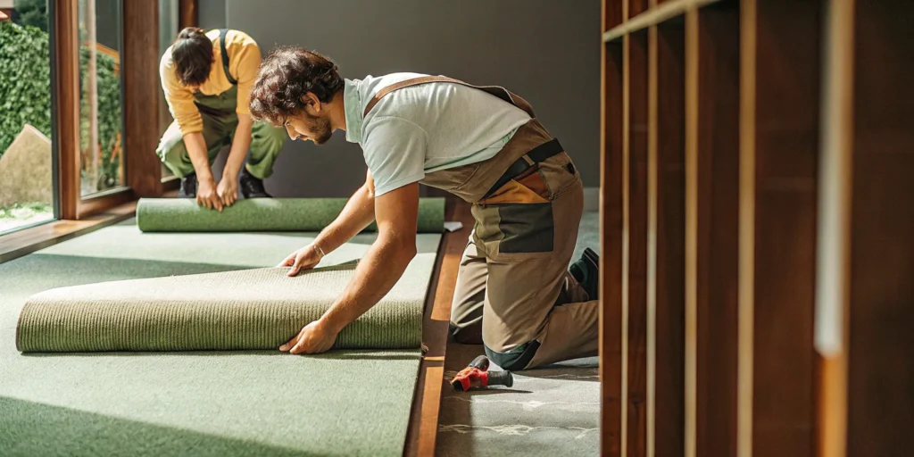 Carpet installers professionally fitting new carpet in a home.