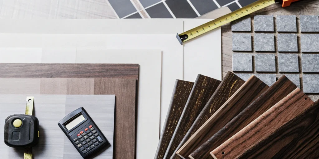 Estimating flooring installation costs with samples, a calculator, and a tape measure.
