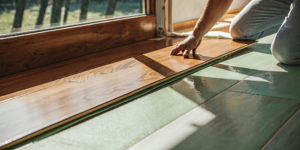 Worker installing laminate flooring, a key component of the total prices with installation.