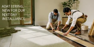 Professional installers completing a next day flooring installation in a home.