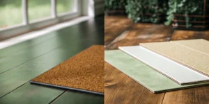 Luxury vinyl flooring planks with a visible cork backing and layered construction.