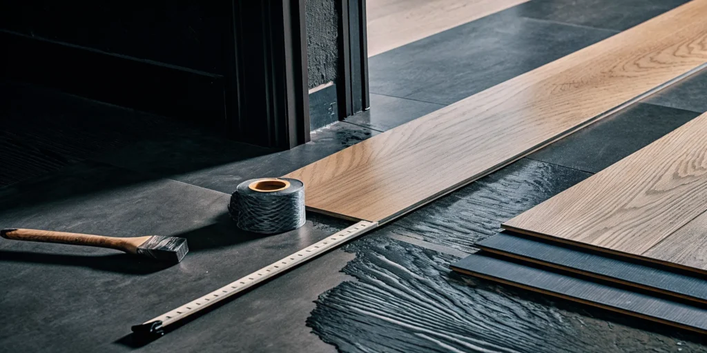 Installing wood look vinyl flooring with tools on a prepared subfloor.