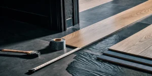 Installing wood look vinyl flooring with tools on a prepared subfloor.