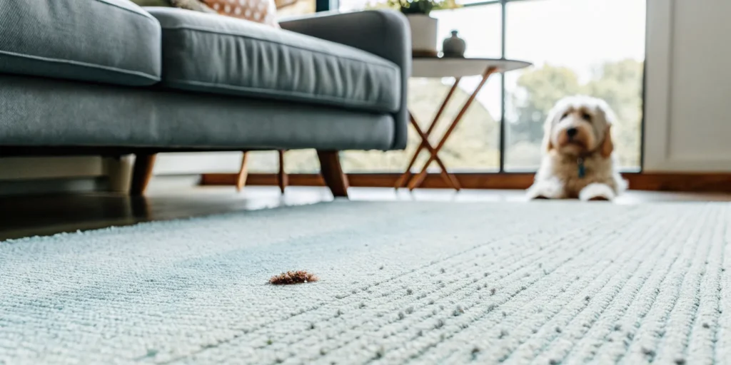 A dog accident on a carpet, a problem solved by the best stain resistant carpet for pets.