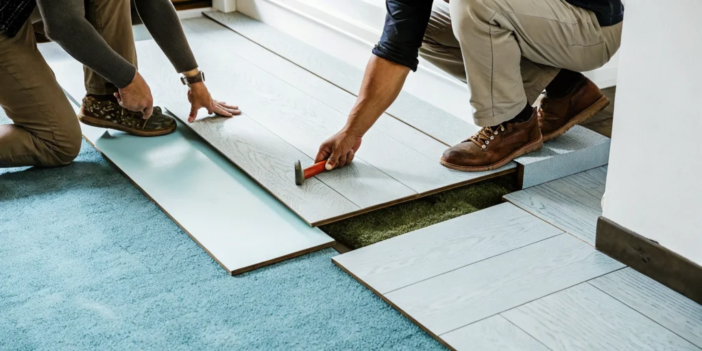 Floating LVP flooring installation with planks clicking together over underlayment.