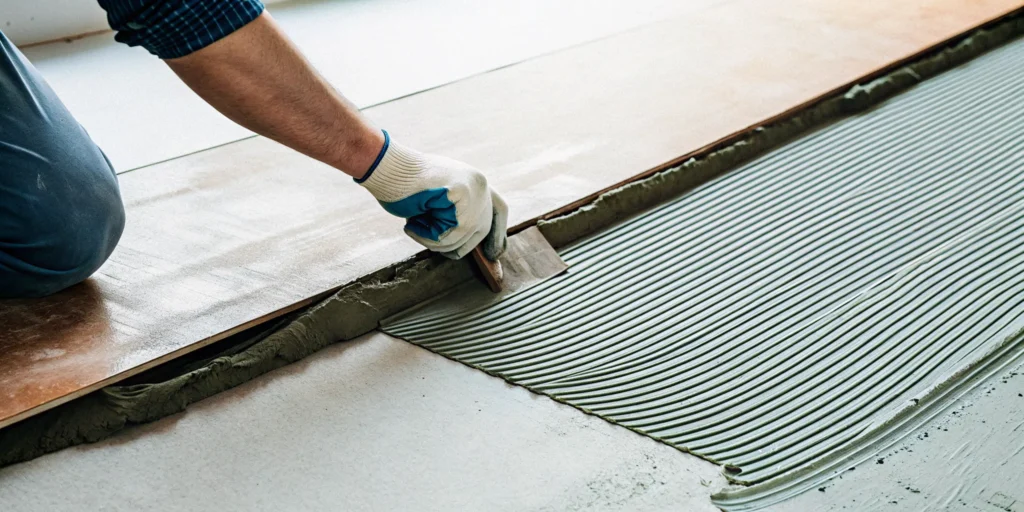 Applying adhesive for vinyl flooring on concrete using a notched trowel.