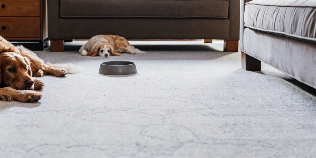 Two happy dogs relaxing on the best carpet for dogs and cats in a bright living room.